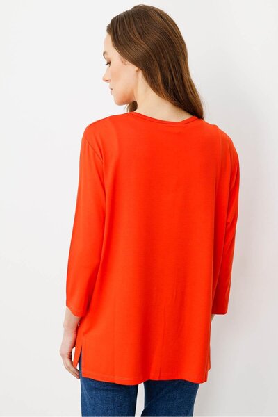 Desen Triko Kadın Sıfır Yaka Nakışlı Penye Bluz Mercan