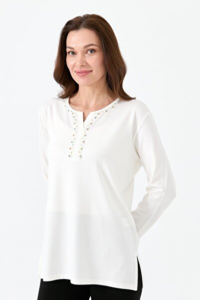 Desen Triko Women's Collar Plaid Beaded Embroidered Combed Cotton Blouse Ecru