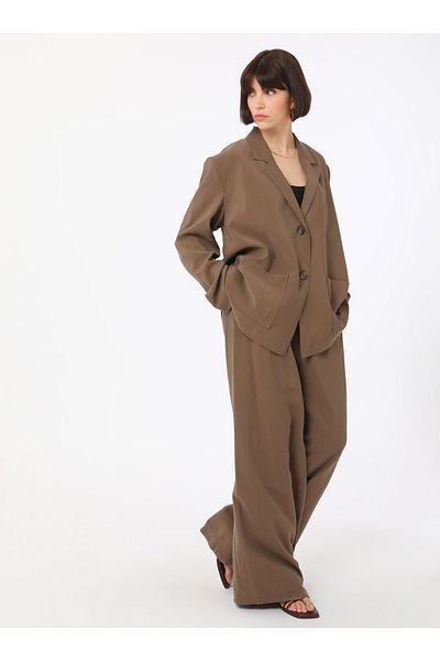 Refka Modal Fabric Pleat Detailed High Waist Wide Leg Pants - Brown - Refka Exclusive