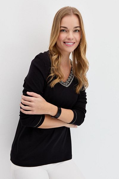 Desen Triko Women's V-Neck Embroidered Cotton Blouse Black