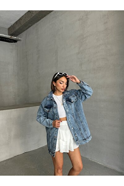 ÇEÇİM Kadın Taş Yıkama Oversize Denim Ceket Gömlek HYN-10003