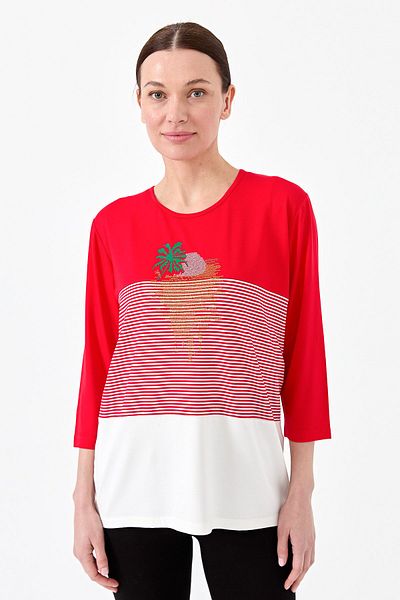 Desen Triko Women's Crew Neck Stoned Striped Combed Cotton Blouse Red