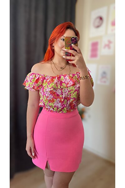 Tumtum Wear Yırtmaç detaylı şeker pembesi etek