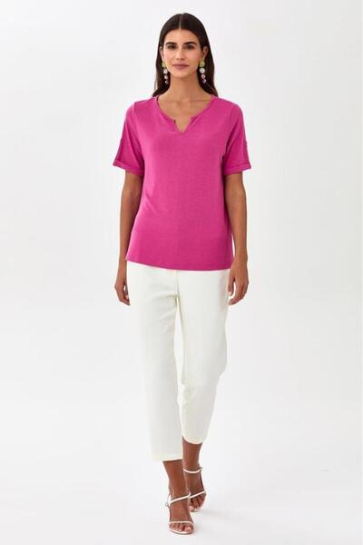 İKİLER Yuvarlak Yakalı Mini Patlı Kısa Kol Bluz 025-1009