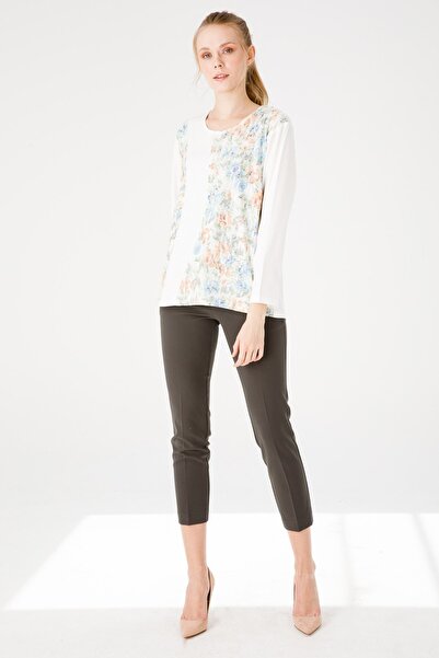 Desen Triko Γυναικεία μακρυμάνικη λαιμόκοψη με λουλουδάτο εμπριμέ χτενισμένη βαμβακερή μπλούζα