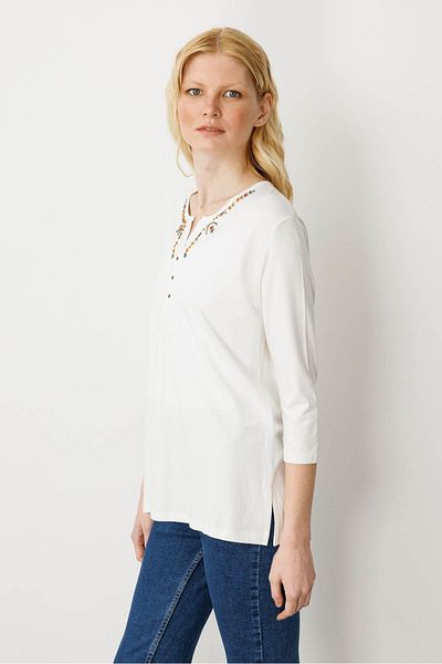 Desen Triko Women's Daisy Embroidered Combed Cotton Blouse Ecru