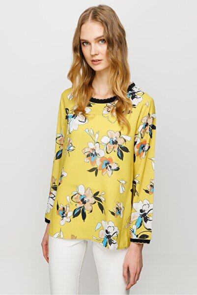 Desen Triko Women's Crew Neck Colorful Patterned Combed Cotton T-shirt Yellow