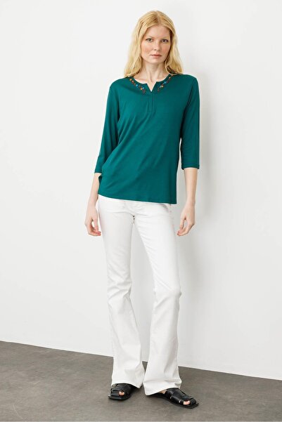 Desen Triko Γυναικεία Βαμβακερή Βαμβακερή Μπλούζα με Κέντημα Πράσινη