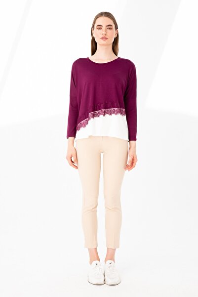 Desen Triko Women's Crew Neck Long Sleeve Skirt Lace Piece Combed Cotton Tunic Plum