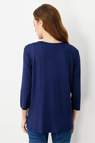 Desen Triko Жіноча блуза з відкритим коміром та вишивкою, трикотаж, темно-синя