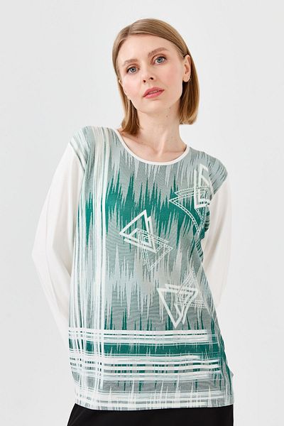 Desen Triko Women's Crew Neck Front Printed Stoned Combed Cotton Blouse Bone