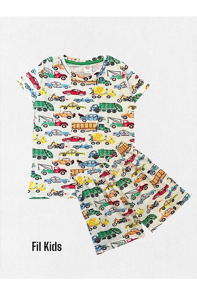 elmas kids Boy's 100% Cotton Ecru Car Truck Tow Truck Patterned Short Sleeve Shorts Pajama Set