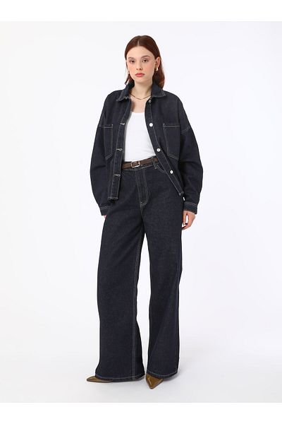 Refka Wide Leg Denim Trousers - Navy Blue - Refka Exclusive