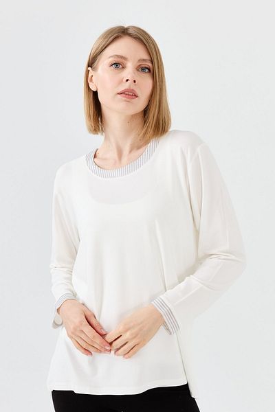 Desen Triko Women's Crew Neck Chain Banded Combed Cotton Blouse Bone