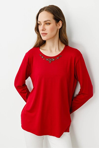 Desen Triko Women's Crew Neck Beaded Combed Cotton Blouse Red