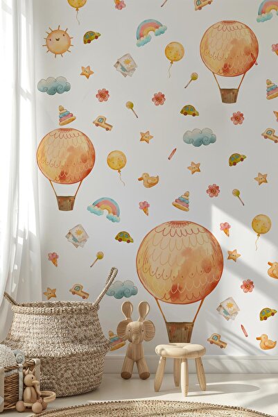 MSticker Eğlenceli Balonlar ve Figürler Çocuk Bebek Odası Duvar Cam Sticker Seti, Balon Çiçekler Gökkuşakları