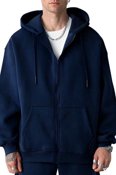 ruNadeS Men's Zippered Hooded Basic Seasonal Navy Blue Cardigan