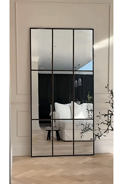 Ersan Dizayn Siyah Metal Çerçeveli Modern Pencere Boy Aynası - 80x180 Cm