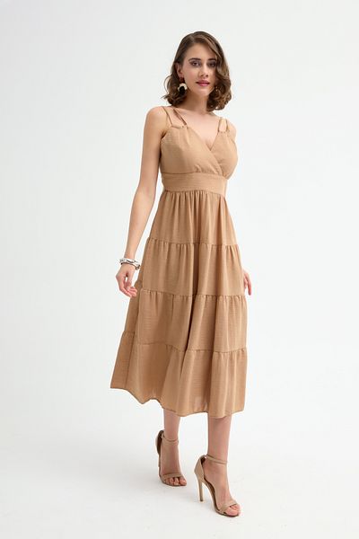 Lafaba Women's Beige-Tan Strappy Midi Linen Dress