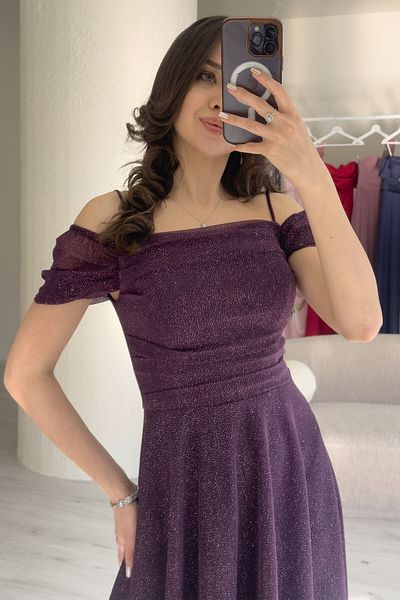 the ZKS Women Midi Length Flared Straps Off Shoulder Evening Dress White, Navy Blue, Lilac, Purple, Black