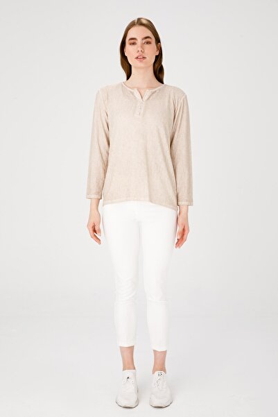 Desen Triko Γυναικεία Μακρυμάνικη Ζακάρ Υφασμάτινη Μπλούζα Μπεζ