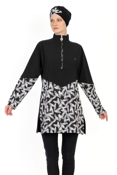 InStyle Brush Pattern 4 Piece Black Hijab Swimsuit 6066A