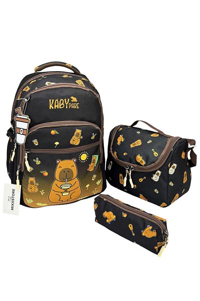 ms mixxstore Rucsac pentru școală primară pentru bărbați cu model de caractere, folie neagră, cu suport pentru nutriție și stilou