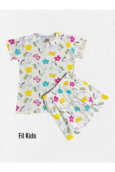 elmas kids Set de pijamale cu mânecă scurtă pentru fete, 100% bumbac, cu flori de unicorn alb, cu model de fluturi