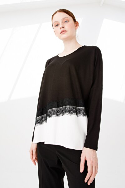 Desen Triko Women's Crew Neck Long Sleeve Skirt Lace Piece Combed Cotton Tunic Black