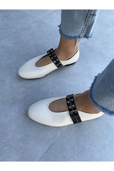 Elvinin Tarzı Keja Ecru Skin Belt Detailed Ballerinas