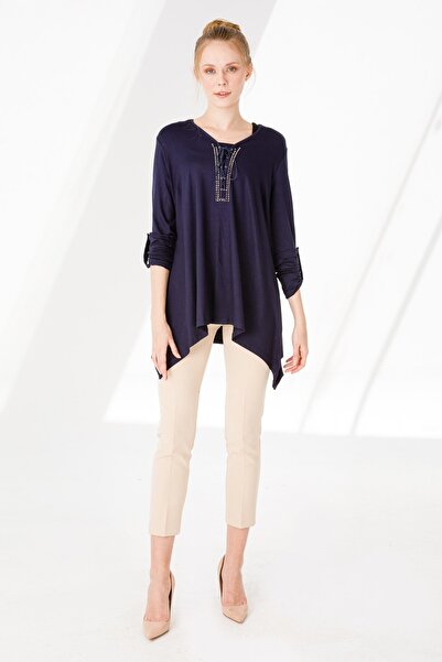 Desen Triko Women's Crew Neck Long Sleeve Skirt Asymmetrical Combed Cotton Tunic Navy Blue