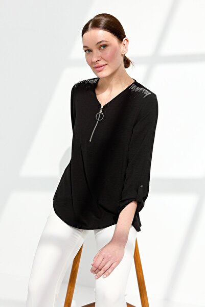 Desen Triko Γυναικεία μπλούζα με φερμουάρ μαύρη