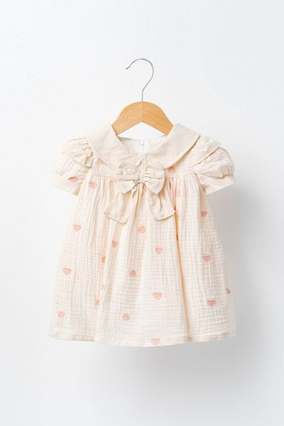Banamio Marlow Baby Girl Child Bow Detailed Heart Embroidered Lined Muslin Dress