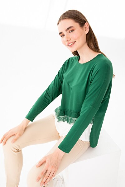 Desen Triko Women's Crew Neck Long Sleeve Skirt Lace Piece Combed Cotton Tunic Nefti