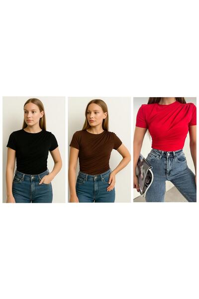 peri tower Κοντό μανίκι Gathered 3-Pece Advantageous Pack Κόκκινες, Καφέ, Μαύ...