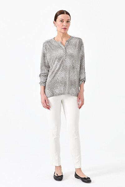 Desen Triko Γυναικεία Χακί Βαμβακερή Μπλούζα με Δίχρωμη Βαμβακερή Πέτα