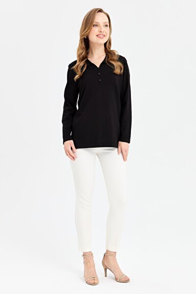 Desen Triko Μαύρη λεπτή πλεκτή γυναικεία μπλούζα με γιακά πόλο