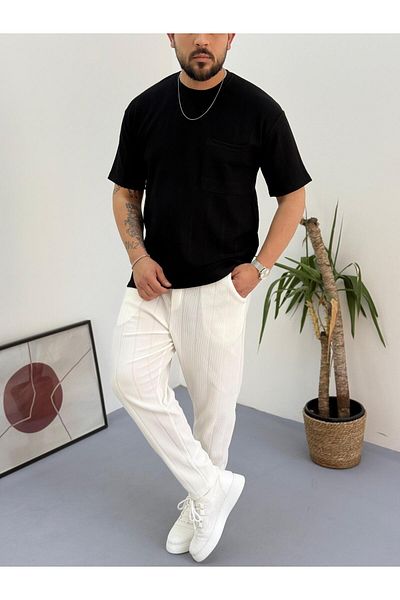 Combineman35 Black and White Report Ottoman Fabric Single Pocket T-Shirt-Pants Set of 2 with Back Single Pocket