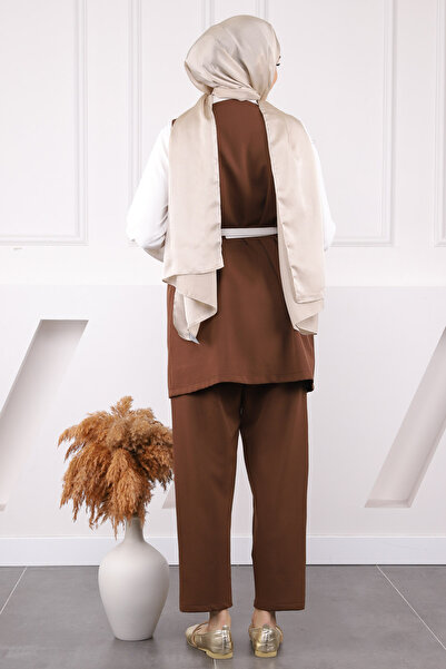 İmajButik Brown Shirt Vest Pants Triple Combination Set