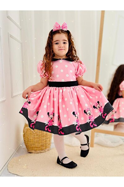 Hly Karol Tasarım Pembe Mickey Mouse Vintage Kız Bebek Elbise,Doğum günü elbi...