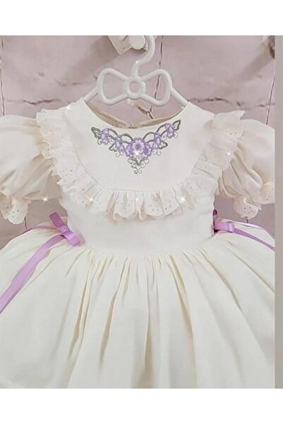 Hly Karol Tasarım Cream Lilac Ribbon Vintage Baby Girl Birthday Dress, Suitable for Ages 0-12