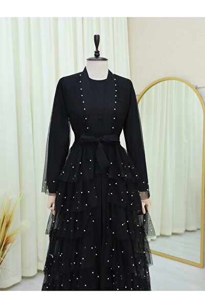 HİJABAYA Eteği Katlı Serpme İncili Tül Abaya Takım