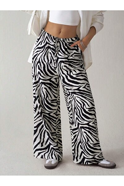 MOONBULL Kadın Zebra Desenli Bürümcük Kumaş Bel Lastikli Bağlamalı Dokuma Geniş Paça Pantolon