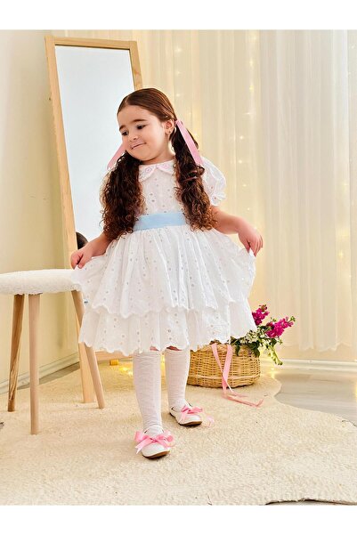 Hly Karol Tasarım White Blue Belted Vintage Dress, Tailored Children's Dress,...
