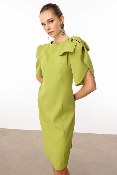 Moda İlgi Modailgi Sleeves Pleated Bow Wrap Detailed Zipper Closure Short Dress Acid