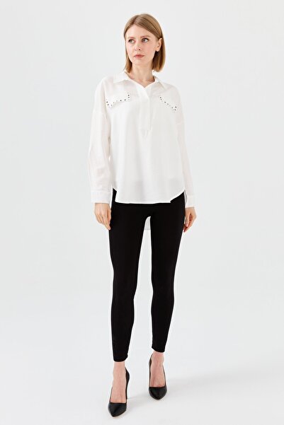 Desen Triko Women's Polo Neck Pocket Blouse Ecru