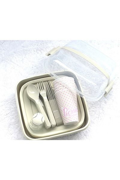 Titiz Plastik 32 Piece Portable Cream Picnic Set Includes Cup, Plate, Fork, Knife, Spoon, Storage Container Cream
