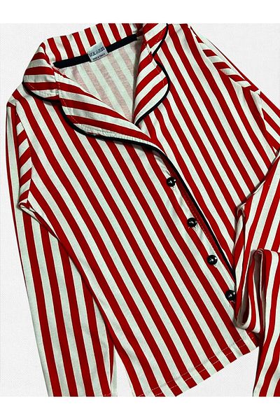 Fil Kids Girl's 100% Cotton Red Shirt Collar Buttoned Striped Piping Seasonal Pajama Set
