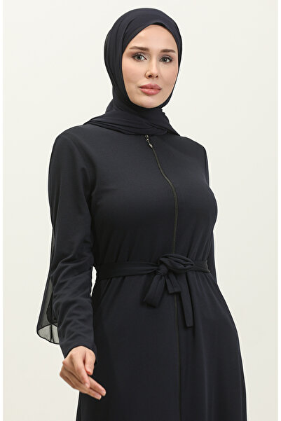 sefamerve Etek Ucu Büzgülü Kuşaklı Ferace 0703-10 Lacivert