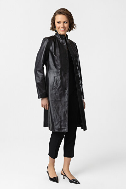 Deriderim Black Laura Long Women's Buttoned Slim Fit Cut Lined Long Genuine Leather Coat